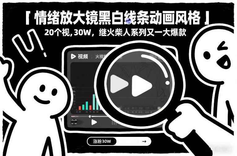 情绪放大镜黑白线条动画风格,20个视频,涨粉30W,继火柴人系列又一大爆款-灵感工坊云网创