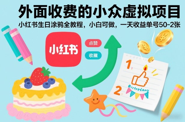 外面收费的小众虚拟项目，小红书生日涂鸦全教程，小白可做，一天收益单号50-2张-灵感工坊云网创