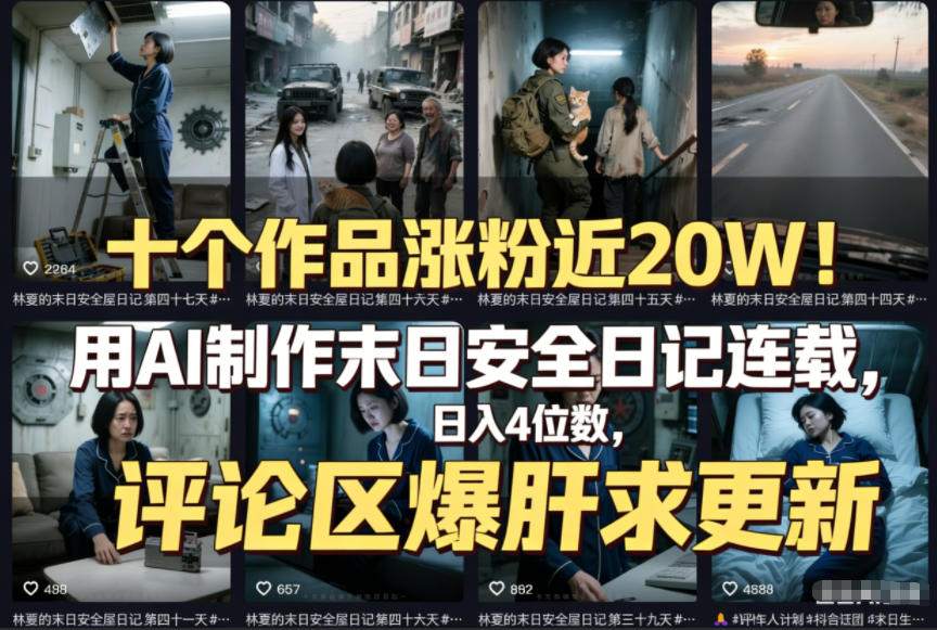 十个作品涨粉近20W!用AI制作末日安全日记连载,日入4位数,评论区爆肝求更新(附详细步骤)-灵感工坊云网创