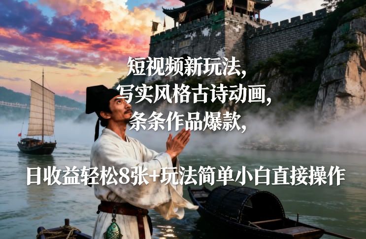 短视频新玩法,写实风格古诗动画,条条作品爆款,日收益轻松8张+玩法简单小白直接操作-灵感工坊云网创